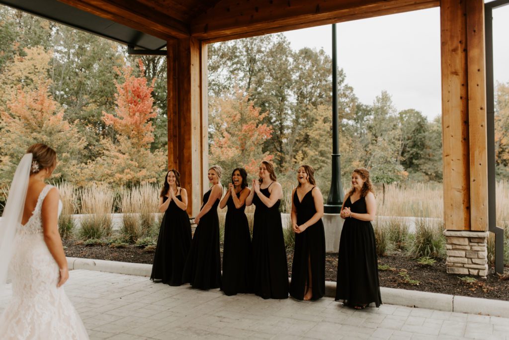 First Look with Bridesmaids, Estate at New Albany Fall Wedding